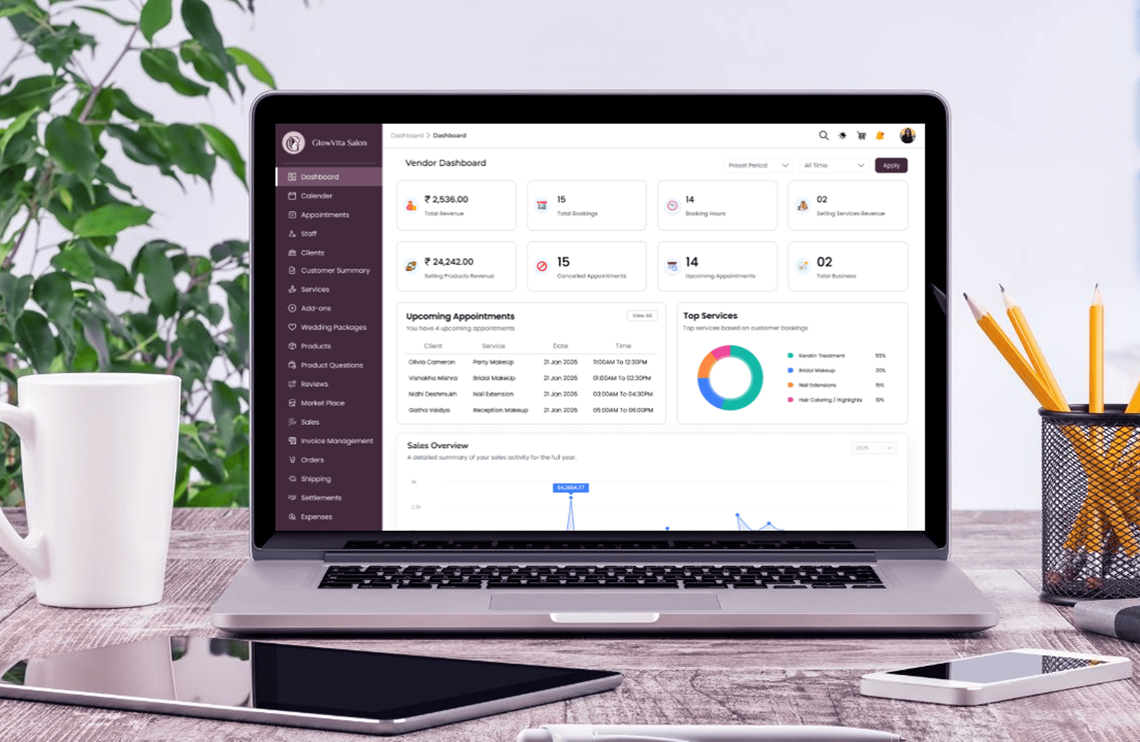 GlowVita Salon Dashboard on Laptop